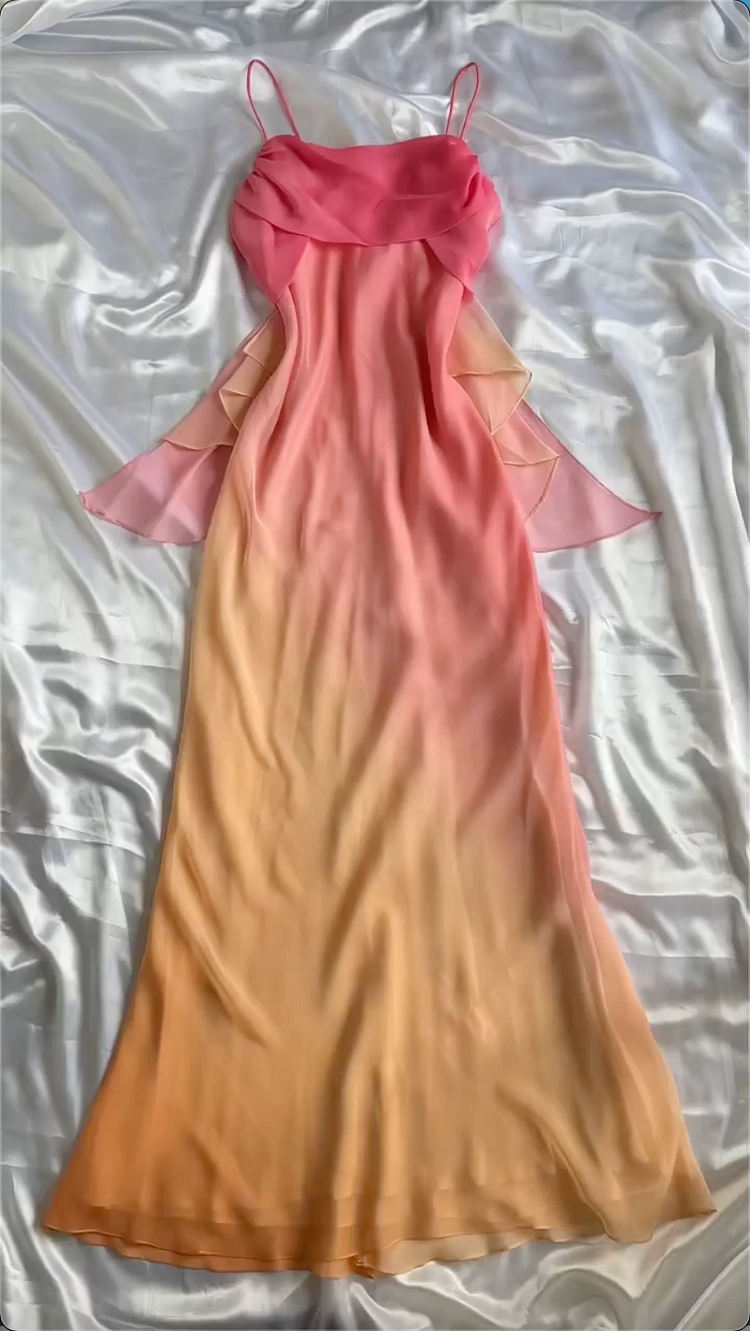 Fairytale Sheath Spaghetti Straps Ombre Chiffon Orange Prom Dresses Evening Dress With Ruffles C1768