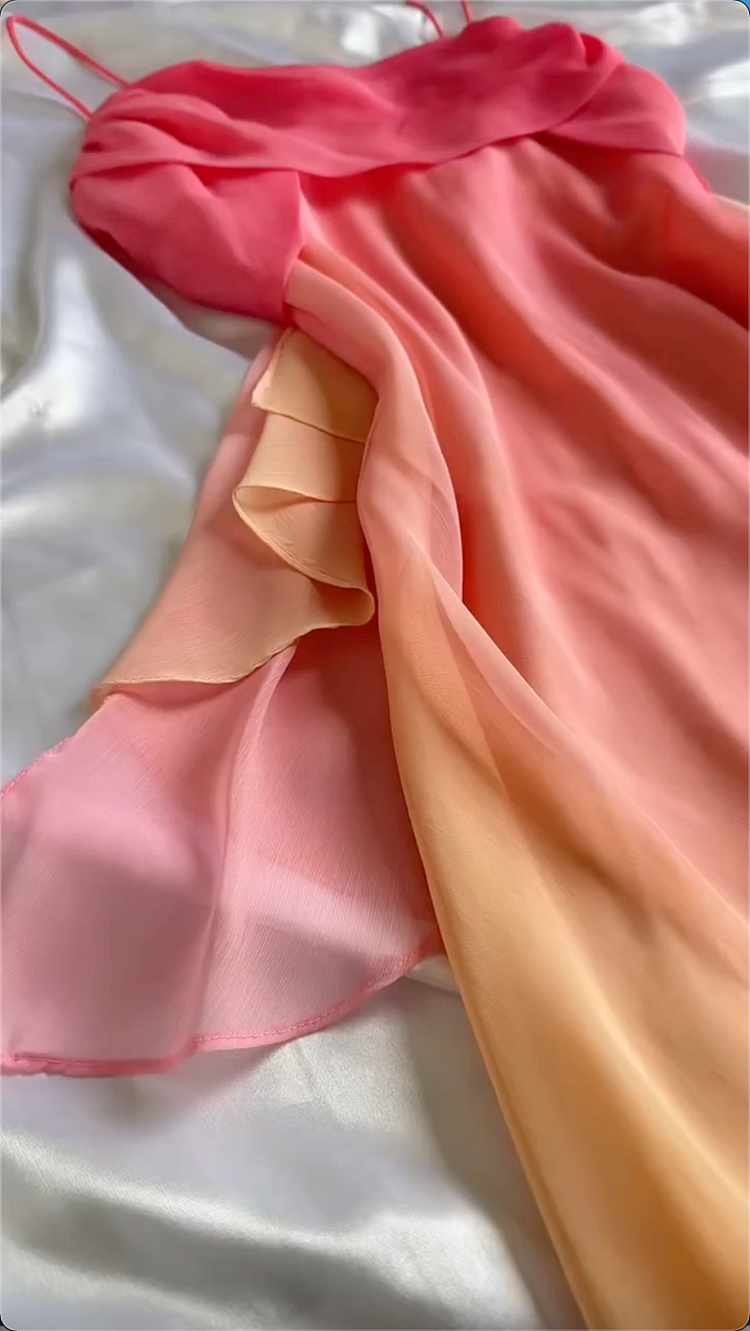 Fairytale Sheath Spaghetti Straps Ombre Chiffon Orange Prom Dresses Evening Dress With Ruffles C1768