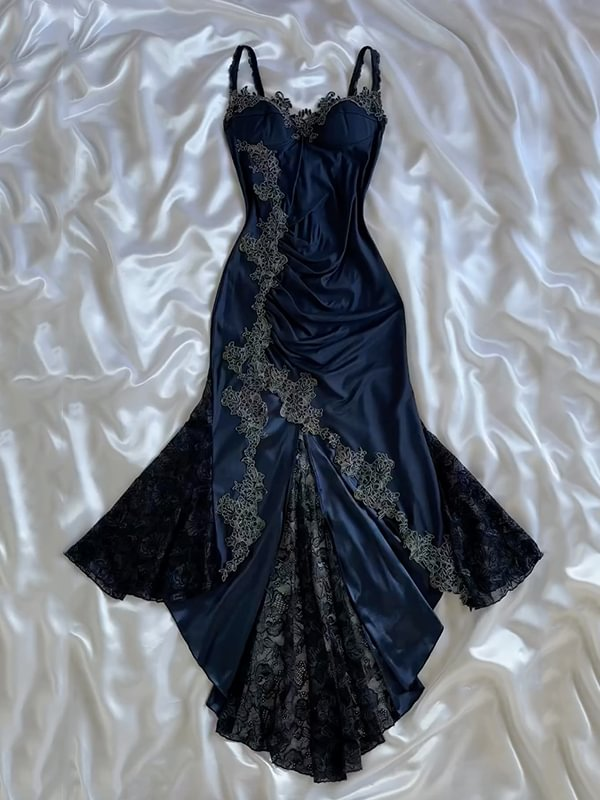 Sexy Bodycon Mermaid Straps Long Navy Blue Lace Prom Dress Party Dresses C1769