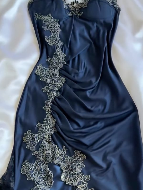 Robe de soirée sexy moulante à bretelles sirène longue en dentelle bleu marine C1769