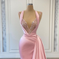 Romantic Pink Mermaid Long Slit Prom Dress With Ruffles C1775