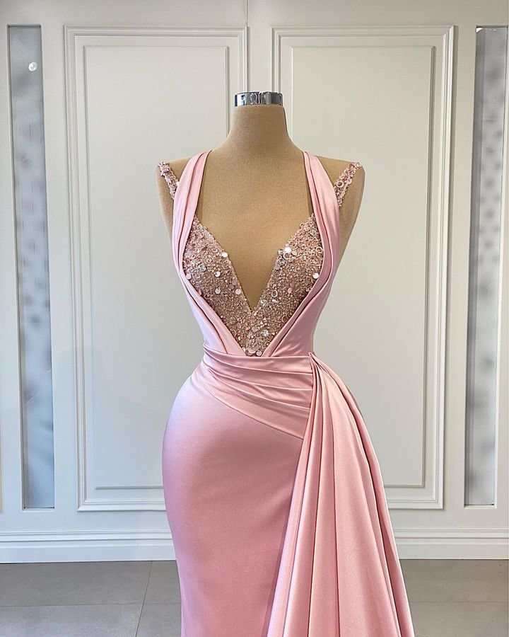 Romantic Pink Mermaid Long Slit Prom Dress With Ruffles C1775