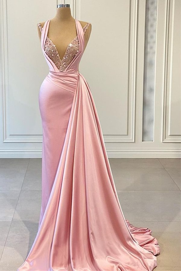 Romantic Pink Mermaid Long Slit Prom Dress With Ruffles C1775