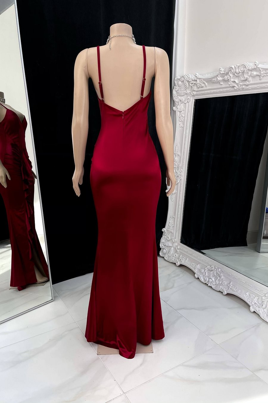 Sexy Mermaid Burgundy Slit Spaghetti Straps Prom Dresses C1776