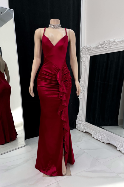 Sexy Mermaid Burgundy Slit Spaghetti Straps Prom Dresses C1776