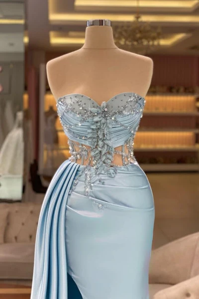 Sexy Mermaid Light Sky Blue Slit Sweetheart Long Prom Dresses C1777