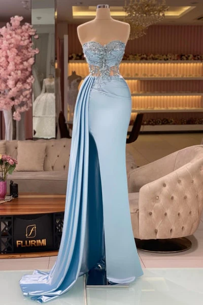 Sexy Mermaid Light Sky Blue Slit Sweetheart Long Prom Dresses C1777