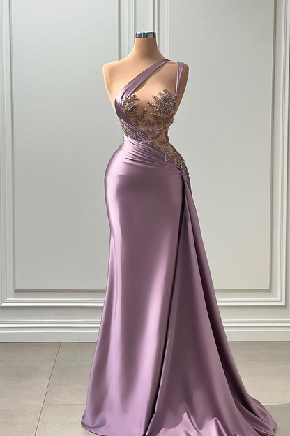 Gorgeous Light Purple One-Shoulder Mermaid Prom Dress with Beads and Split C1780