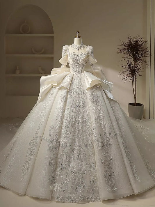 Unique Ball Gown High Neckline Sequin Lace Long White Wedding Dresses C1787