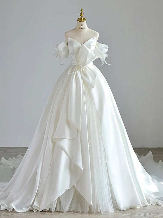 Simple Ball Gown Sweetheart Satin Long White Wedding Dresses With Bow C1788