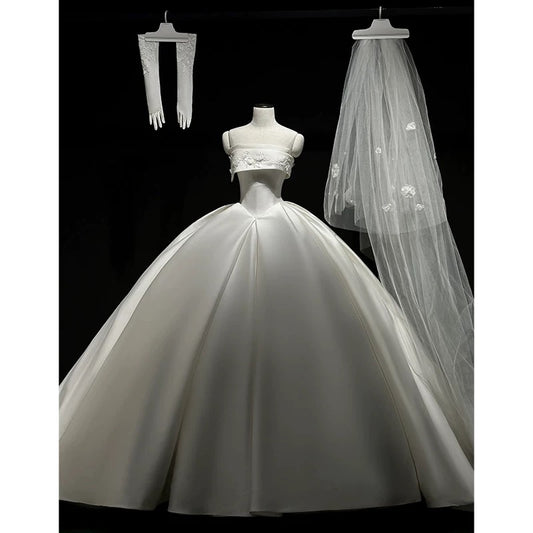 Simple Ball Gown Strapless Satin Long White Wedding Dresses With Lace C1789