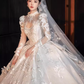 Luxury Ball Gown High Neckline Long Sleeves Lace White Wedding Dress C178