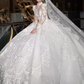 Luxury Ball Gown High Neckline Long Sleeves Lace White Wedding Dress C178