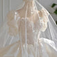 Dreamy Ball Gown High Neckline Short Sleeves White Lace Wedding Dresses With Beads C1796