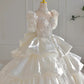 Dreamy Ball Gown High Neckline Short Sleeves White Lace Wedding Dresses With Beads C1796