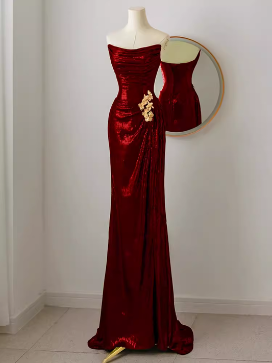 Simple Mermaid Strapless Red Sequin Long Prom Dresses C17