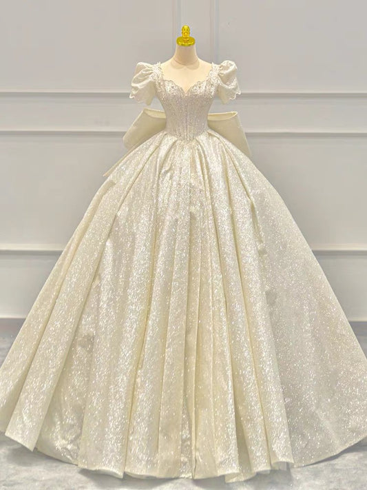 Timeless Ball Gown Sweetheart Long Puffy Sleeves Sequin Wedding Dresses With Bowknot C1800