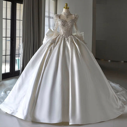 Chic Ball Gown Sweetheart White Long Sleeves Satin Wedding Dresses With Beads Bow C1809