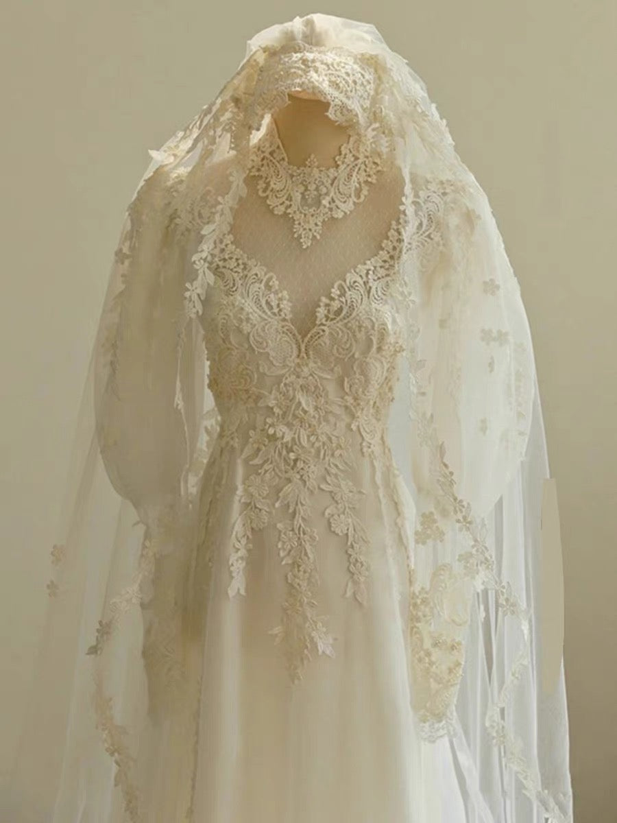 Chic A line Scoop White Long Puffy Sleeves Lace Wedding Dresses With Appliques C1811