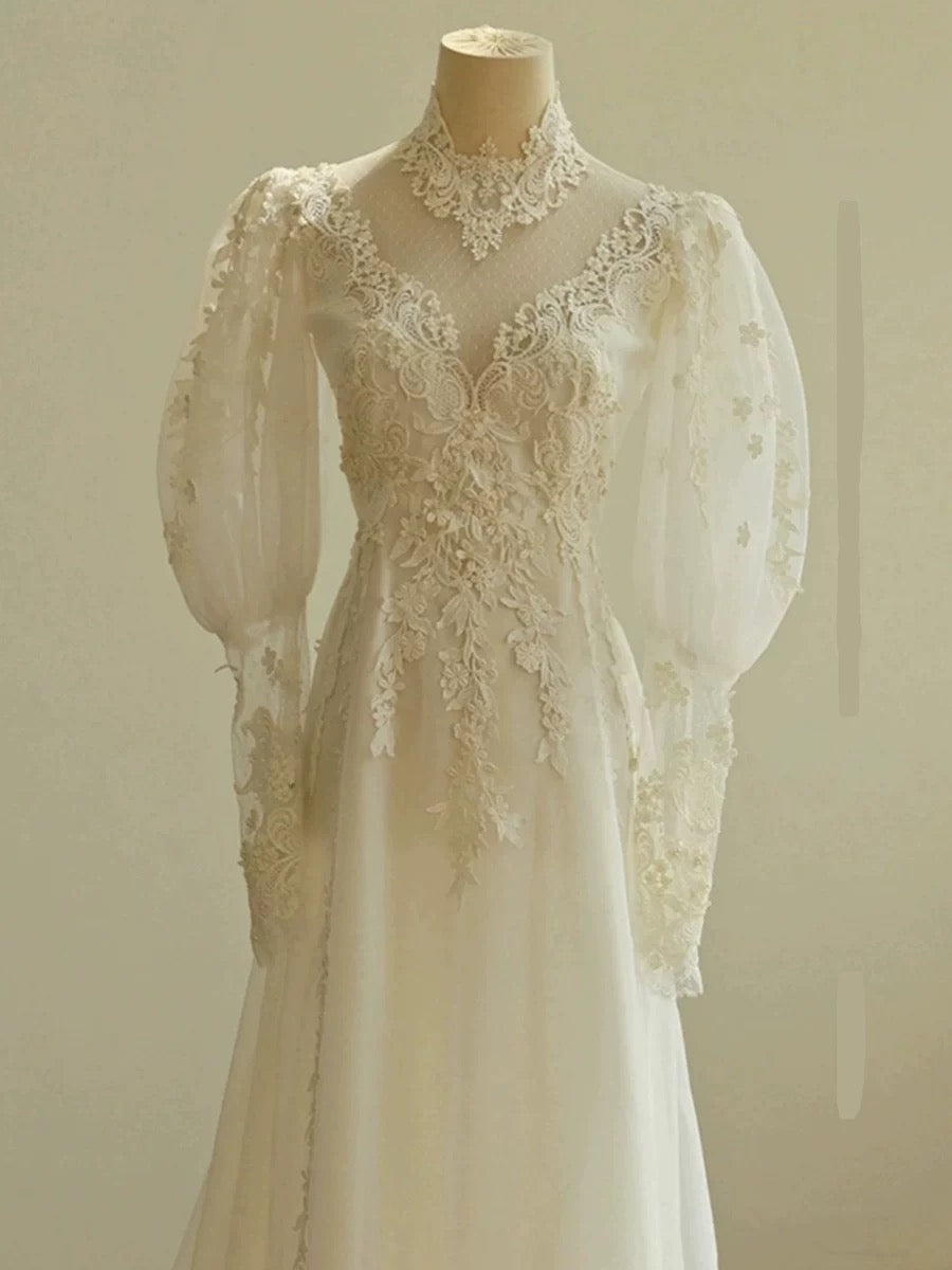 Chic A line Scoop White Long Puffy Sleeves Lace Wedding Dresses With Appliques C1811