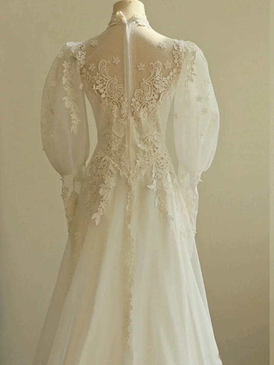 Chic A line Scoop White Long Puffy Sleeves Lace Wedding Dresses With Appliques C1811