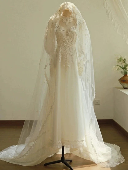 Chic A line Scoop White Long Puffy Sleeves Lace Wedding Dresses With Appliques C1811