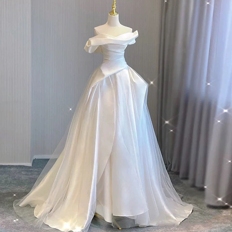 Sexy Ball Gown Off The Shoulder Satin Long White Wedding Dresses With Ruffles C1812