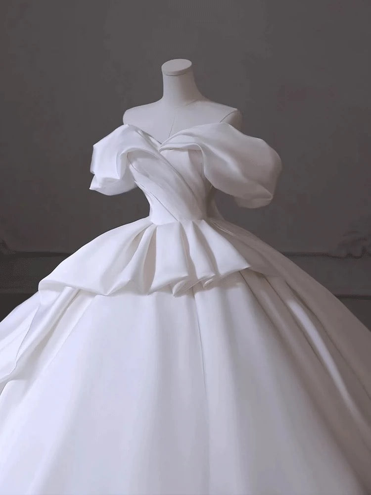 Timeless Ball Gown Off The Shoulder Satin Long White Wedding Dresses With Ruffles C1813