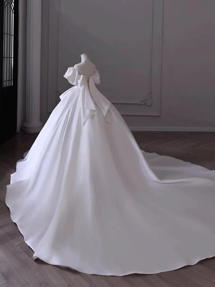 Timeless Ball Gown Off The Shoulder Satin Long White Wedding Dresses With Ruffles C1813