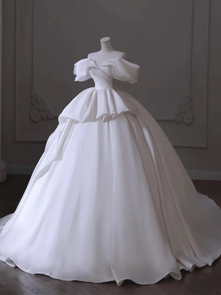 Timeless Ball Gown Off The Shoulder Satin Long White Wedding Dresses With Ruffles C1813