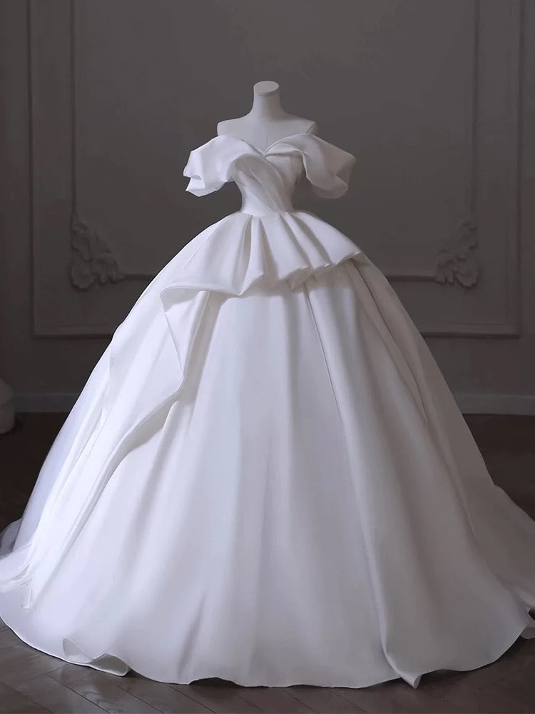 Timeless Ball Gown Off The Shoulder Satin Long White Wedding Dresses With Ruffles C1813