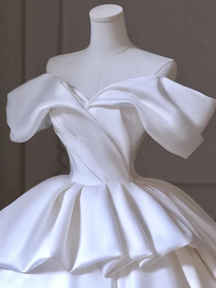 Timeless Ball Gown Off The Shoulder Satin Long White Wedding Dresses With Ruffles C1813