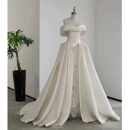 Timeless Ball Gown Off The Shoulder Satin Long White Wedding Dresses With Lace C1814