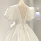 Simple Ball Gown V Neckline Short Sleeves White Satin Wedding Dresses With Bow C1819