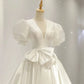 Simple Ball Gown V Neckline Short Sleeves White Satin Wedding Dresses With Bow C1819