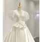 Simple Ball Gown V Neckline Short Sleeves White Satin Wedding Dresses With Bow C1819