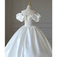 Simple Ball Gown Off The Shoulder Short Sleeves White Satin Wedding Dresses With Beads C1820