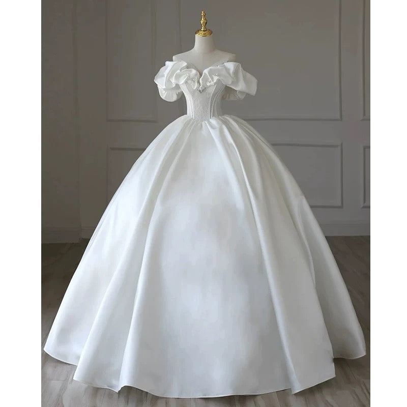 Simple Ball Gown Off The Shoulder Short Sleeves White Satin Wedding Dresses With Beads C1820