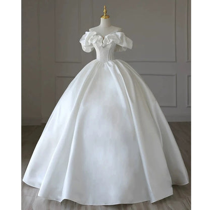 Simple Ball Gown Off The Shoulder Short Sleeves White Satin Wedding Dresses With Beads C1820