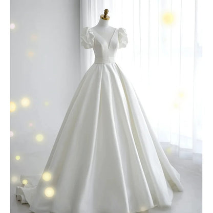 Simple Ball Gown V Neckline Short Sleeves White Satin Wedding Dresses C1821