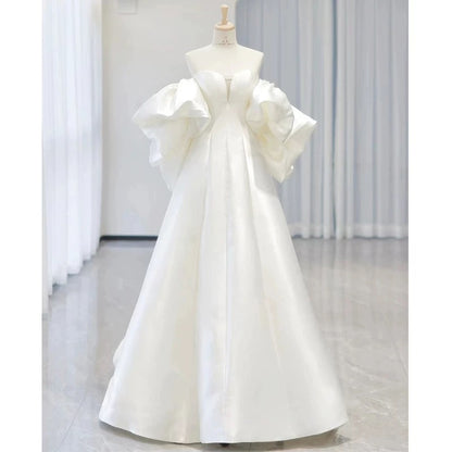 Simple Ball Gown Sweetheart Short Sleeves White Satin Wedding Dresses C1822