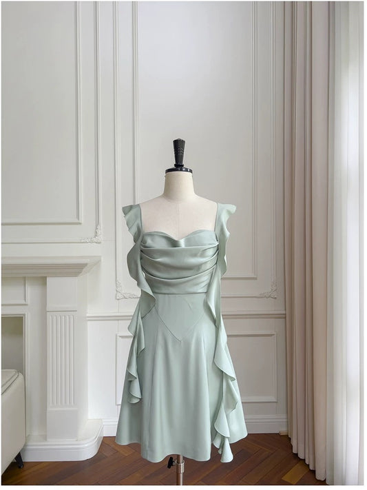 Cute A line Spaghetti Straps Sage Green Short Homecoming Dresses Party Cocktail Dress With Ruffles C1826