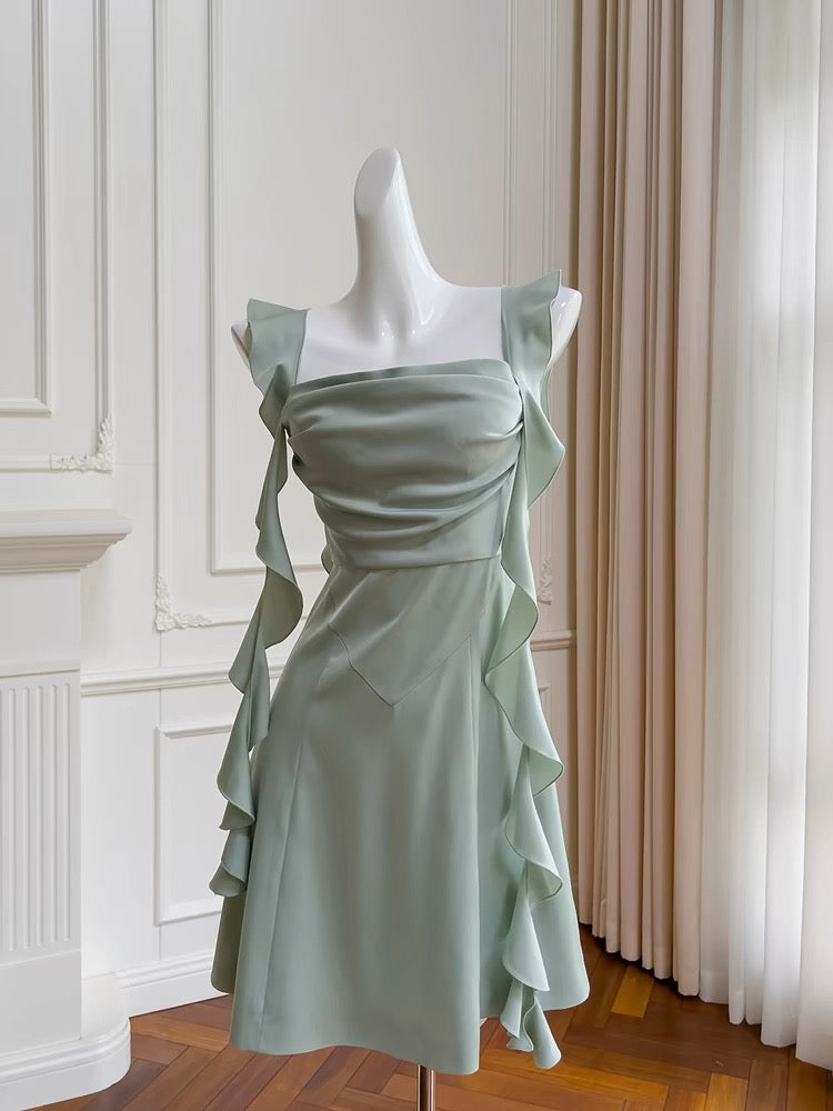 Robe de soirée courte à bretelles spaghetti en ligne A, vert sauge, robe de cocktail à volants C1826