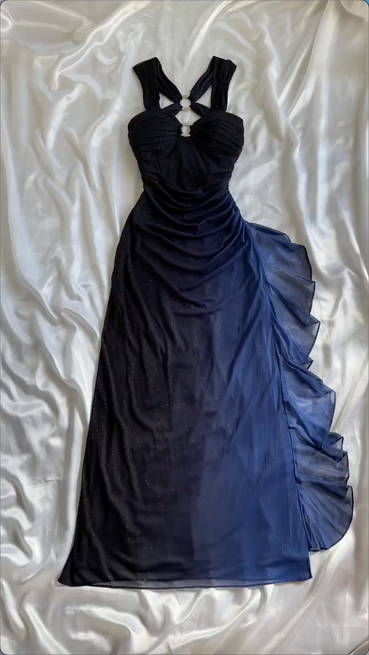 Navy Blue Sheath Long Prom Dress Chiffon Prom Dresses Evening Dress C1828