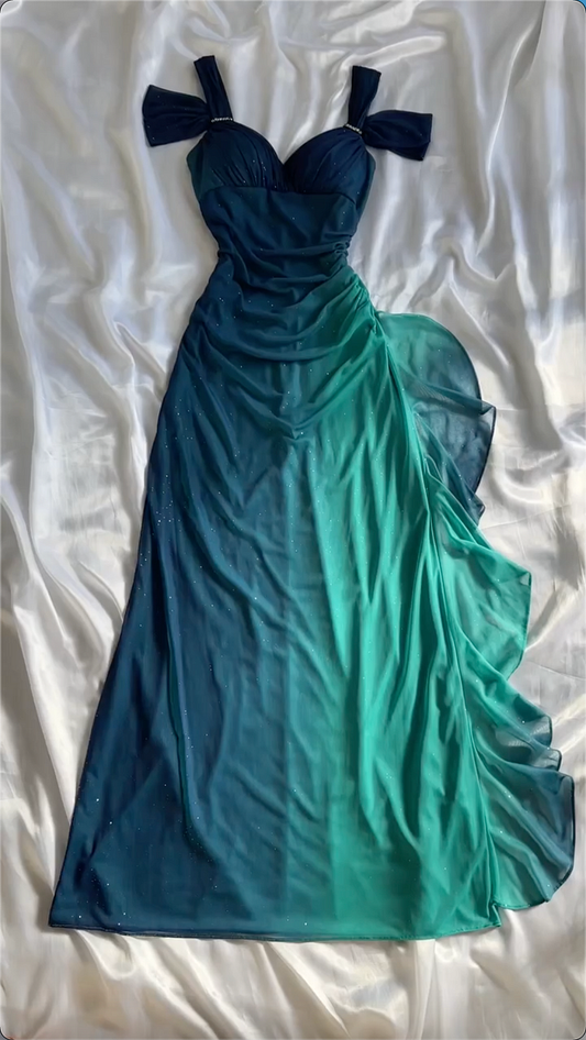 Robe de bal longue à bretelles en mousseline de soie vert ombré, robe de soirée chic C1830