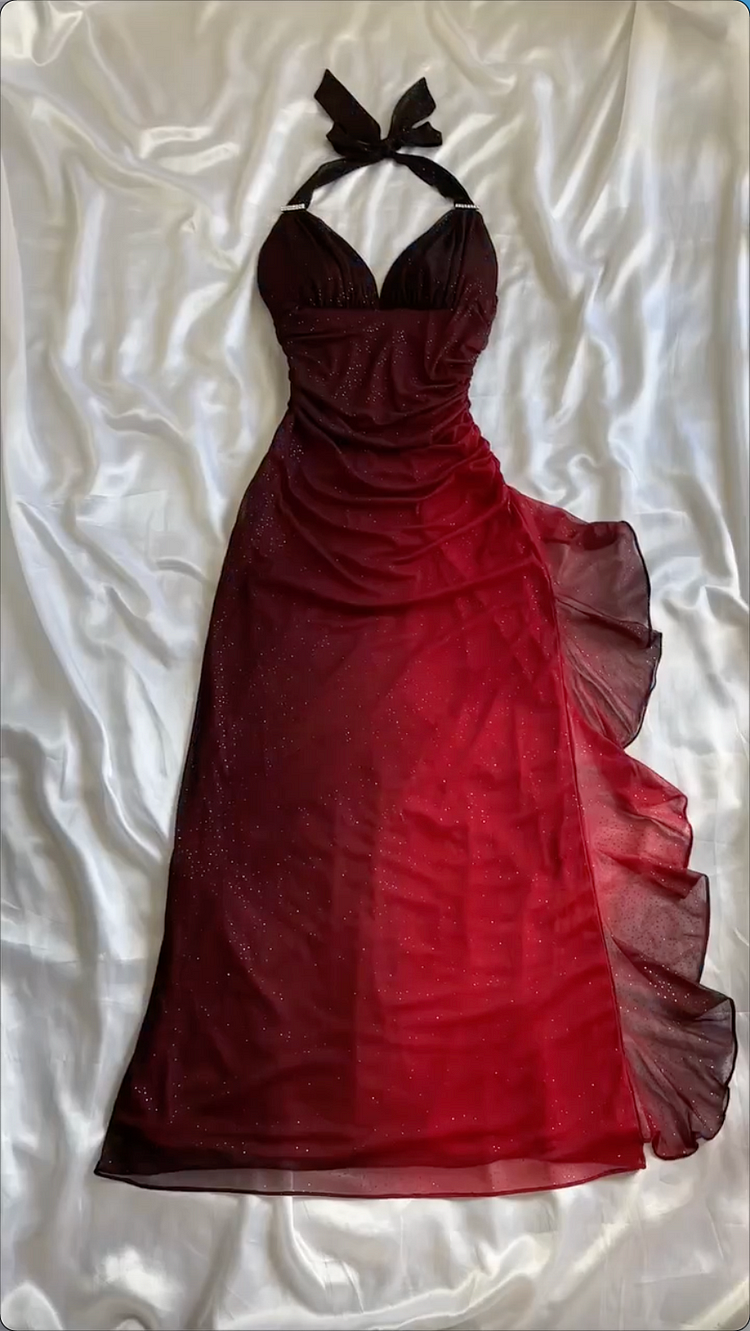 Chic A line Straps Long Prom Dress Chiffon Ombre Burgundy Prom Dresses Evening Dress C1831