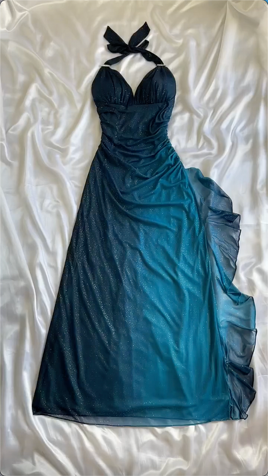 Robe de bal longue à bretelles en mousseline de soie bleu ombré, robe de soirée chic C1832