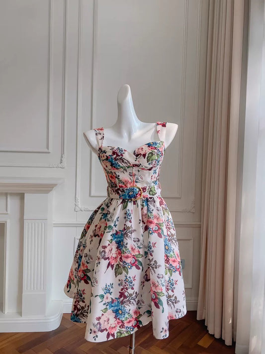 Cute A line Straps Floral Short Homecoming Dresses Cocktail Dress C1834