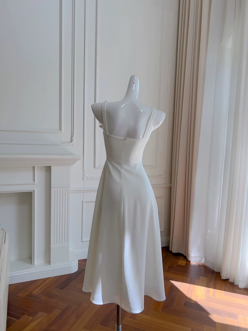 Robe de soirée simple à bretelles en ligne A, longueur thé blanc, robe de soirée simple C1838