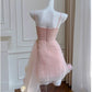 Cute Sheath Spaghetti Straps Pink Short Tulle Homecoming Dresses Cocktail Dress C1840